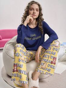 Women Motto Print Crew Neck Top & Letter Graphic Pants Pajama Set - Multicolor - View 5