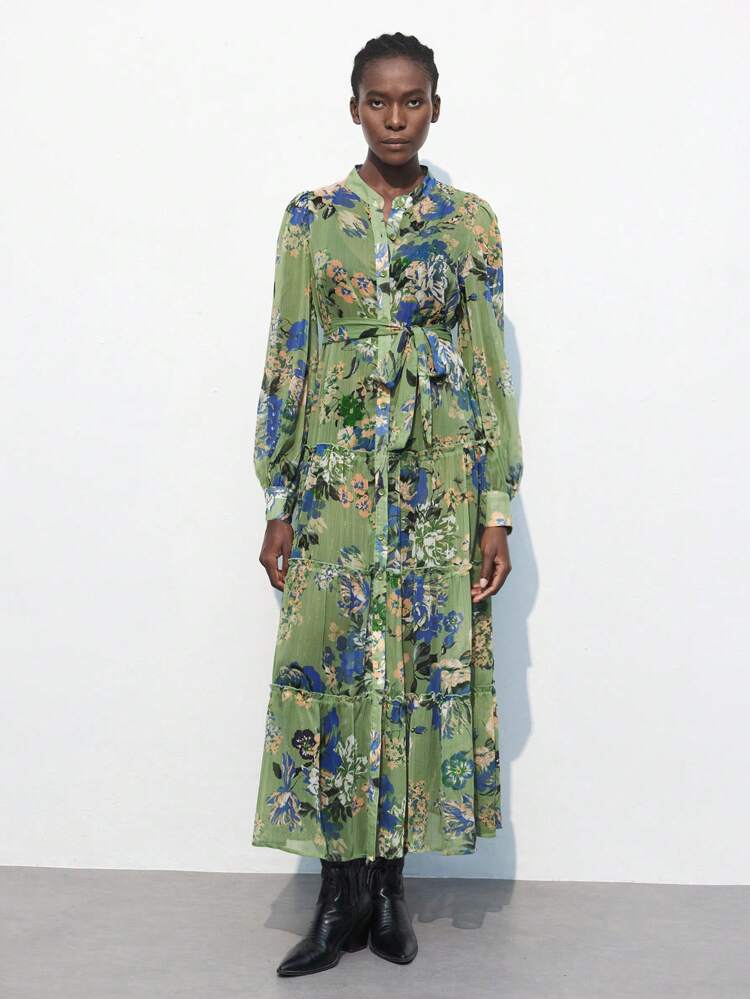 SHEIN Maija Floral Print V-Neck Long Sleeve Green Dress For Women, Casual Vacation Stylish Versatile, Spring/Summer Romantic, Fashion, Versatile; Suitable For Summer Vacation, Comfortable, Bohemian Style, Beach Wear, Swimsuit Cover-Up, Stylish, Elegant, Casual, , Simple Daily Wear, Country Style, Essential, Solid Color, Holiday Casual, Decent, Single Lady, Ideal For Vacation Elegant Fashion Business Casual Woman Going Out Tops Graduation Outfit European Summer Hawaii Outfits Women Summer Dresses For Women Streetwear Women Stockholm Style Teacher Outfits For Women