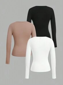 Babi Basques Artist 3 件女式深 V 领修身休闲长袖 T 恤套装，简约图案，适合感恩节、节日、新年 - 彩色 - 查看 2