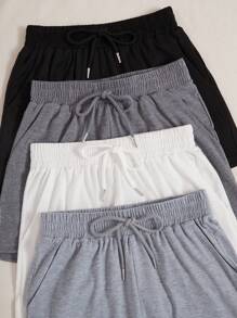 Women Solid Color Drawstring Waist Pocket Casual Pajama Shorts Sleep Shorts - Multicolor - View 4