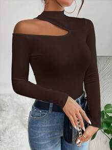 SHEIN PETITE 1 chiếc áo thun ôm vừa vặn không đối xứng màu trơn mùa thu - màu nâu - Xem 4