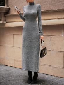 RueChic High Collar, Loose And High-Rise Gray Comfortable, Soft And Skin-Friendly Dress With Belt - Grey - View 5