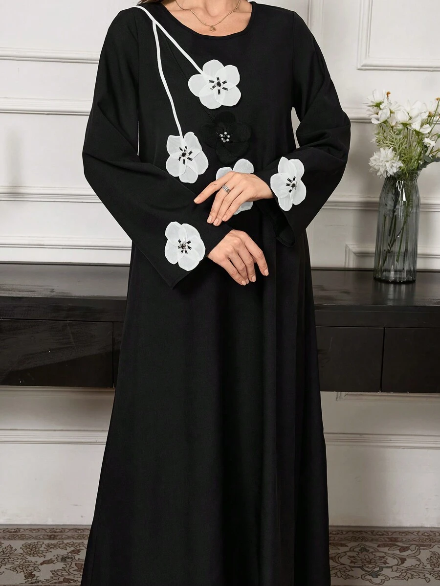 Al Najma 1pc Women's Daily Traditional Applique 3D Floral Elegant Party Dress, Casual A Line Arabian Dresses, For Evening Party/Wedding Guest/Anniversary