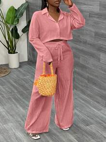 Slaydiva 2pcs/Set Casual Loose White Long Sleeve Cropped Shirt Top And Wide-Leg Long Pants