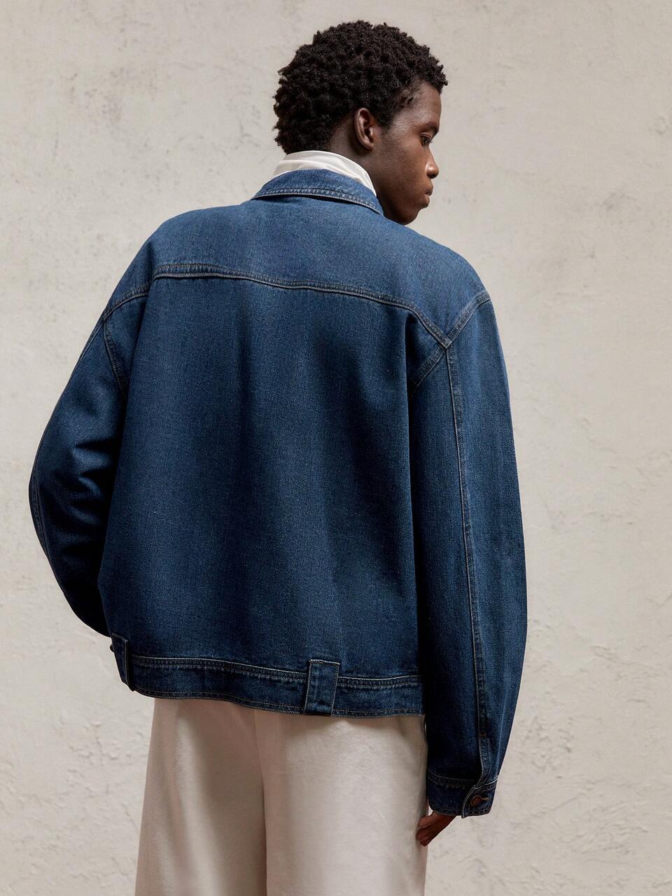 Christmas Men's Loose Drop Shoulder Denim Jacket,Navy Blue,Autumn,Streetwear,Holiday Letter Print Santa Hat Pattern Lapel Open Front Cotton Blend
