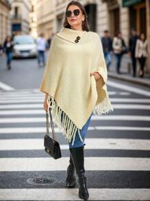 SHEIN Frenchy Plus Size Women's Solid Color Batwing Sleeve Patchwork Fringe Hem Casual Sweater - Apricot - View 1