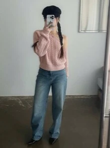DAZY 1件女款大尺寸斜肩寬鬆羅紋針織毛衣，秋季校園穿搭服飾 - 粉色 - 查看 5