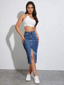 Solid Color High Slit Pocket Tight Denim Skirt