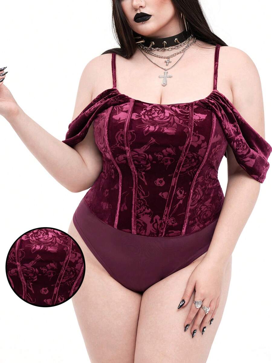 Whyspr 深色朋克哥特风格天鹅绒压花圣诞派对紧身衣 - 酒紅色 - 查看 1