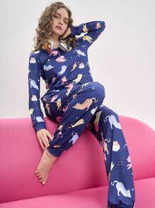 Chillnights All Over Animal Print Long Sleeve Top And Long Pants Women Pajama Set