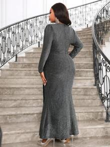 Vestido ajustado de gala con escote de pico profundo, de lentejuelas de punto elegante y vintage, para bodas, fiestas de cóctel, San Valentín, Año Nuevo, con volantes de pedrería, tallas grandes, vestido formal y de graduación - Negro - Ver 3