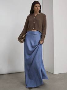 COSMINA Denim 女士纯色口袋设计长款休闲牛仔半身裙 - 中等水洗藍 - 查看 3
