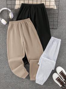 SHEIN Leap Crew Bộ 3 quần nỉ dệt kim rộng rãi in chữ thường ngày cho bé trai tuổi teen, mỗi quần 1 chiếc, 3 màu - Màu Khaki - Xem 2