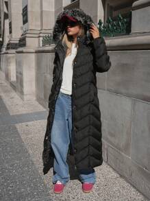 SHEIN Cottnline FUR DETAILED EXTRA Long Overcoat For Ladies Winter - Black - View 1