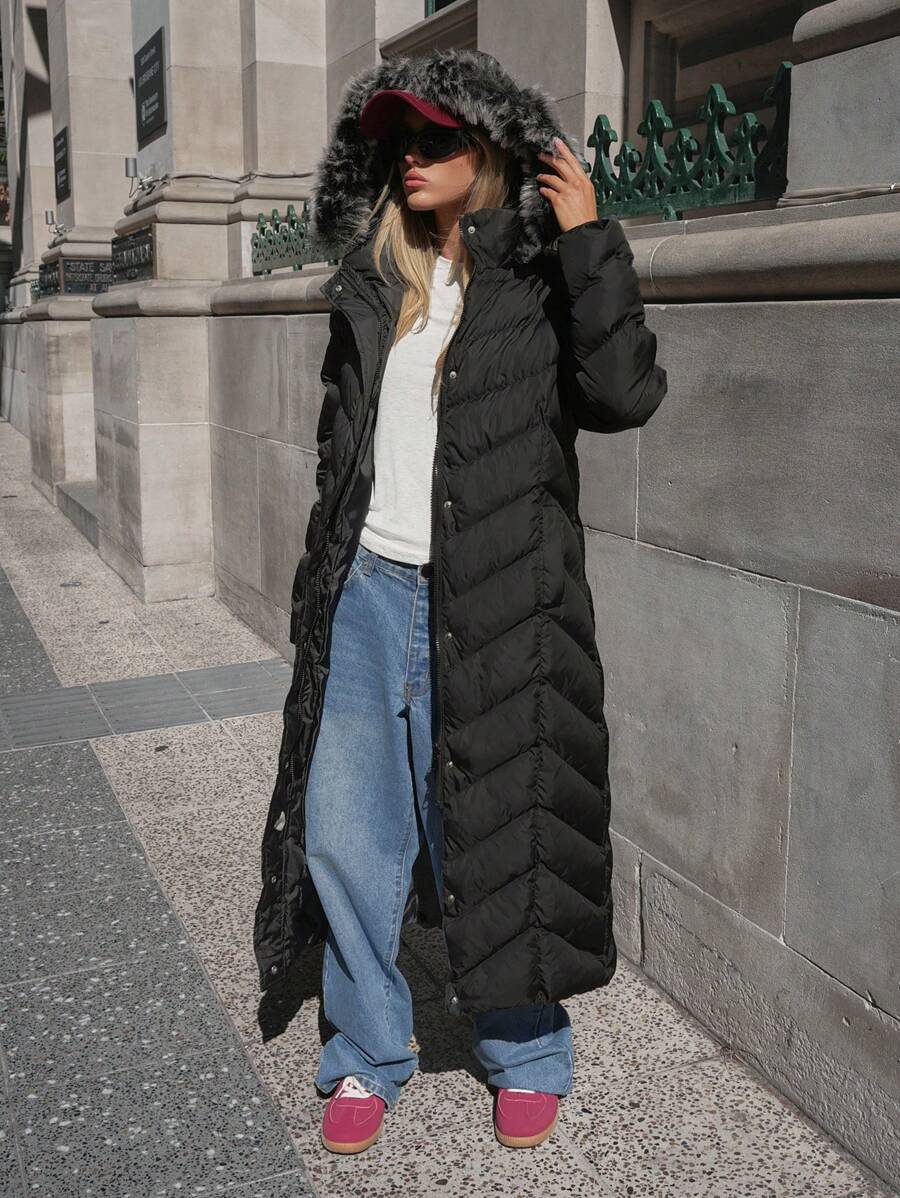 SHEIN Cottnline FUR DETAILED EXTRA Long Overcoat For Ladies Winter - Black - View 1