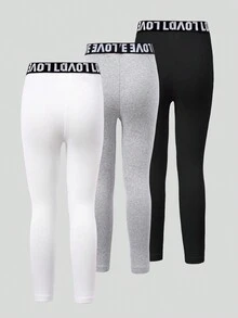 3 件装年轻女孩文字腰带装饰黑色舒适运动紧身裤 - 彩色 - 查看 2