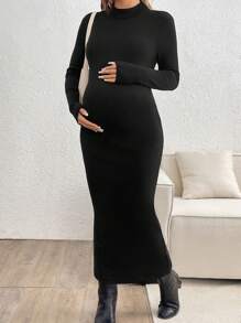 SHEIN 孕妇优雅纯色圆领长袖连衣裙，修身款式，秋季