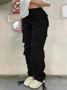 Pantalones cargo rectos, sueltos y casuales de un solo color con múltiples bolsillos para mujer de talla grande - Negro - Ver 6