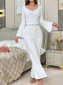 女士休闲优雅撞色饰边喇叭袖上衣和裤子家居服套装，秋季 - 白色 - 查看 3