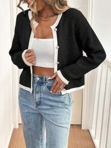 SHEIN LUNE 带口袋的短款针织开衫，工作服外套 - 黑色 - 查看 7