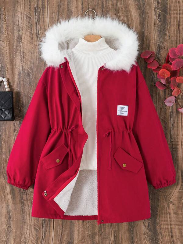 SHEIN Rote Jacke mit Kontrast-Weißem Fake-Fellkragen für Teenager Mädchen, locker, Lässig, Parka-Stil
