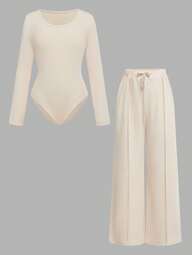 SHEIN ChillGRL 2pcs/Set Tween Girls Casual Solid Color Bodysuit + Wide Leg Loose Pants Set