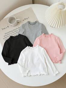 SHEIN 4 件套女婴纯色弹力针织荷叶边下摆内衣，秋冬款 - 彩色 - 查看 1