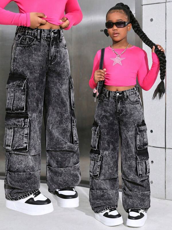 SHEIN Tween Mädchen Y2K Fashion Stonewashed Klappentasche Plissee Denim Weites Bein Cargo Jeans Hose, Mädchen Herbst Kleidung Streetwear Outfits