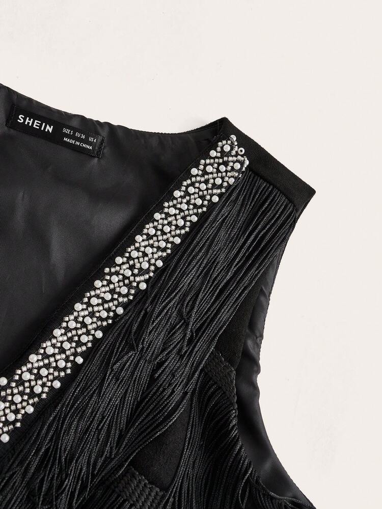 SHEIN Maija Chaqueta elegante sin mangas con cuello en V y flecos para mujeres en otoño