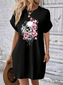 SHEIN LUNE Robe ample décontractée à col rond à manches courtes, imprimé floral et crâne, convenant pour l'automne/l'hiver - Noir - Voir 1