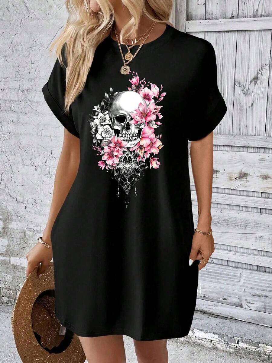 SHEIN LUNE Robe ample décontractée à col rond à manches courtes, imprimé floral et crâne, convenant pour l'automne/l'hiver - Noir - Voir 1