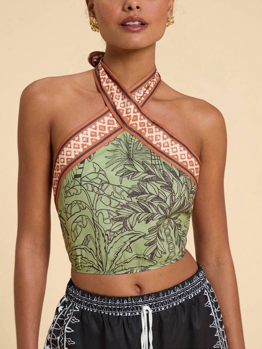 Travachic Vacation Woven Printed Halter Crop Top - Green - View 1