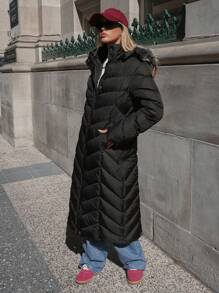 SHEIN Cottnline FUR DETAILED EXTRA Long Overcoat For Ladies Winter - Black - View 4