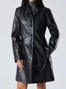 LYSMO 1pc Women's Solid Color Front Button Pocket Casual Everyday Lightweight Long Jacket - Black - View 4