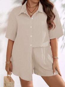 EMERY ROSE Conjunto de dos piezas de camisa de manga corta sólida y pantalones cortos informales de talla grande para vacaciones de verano