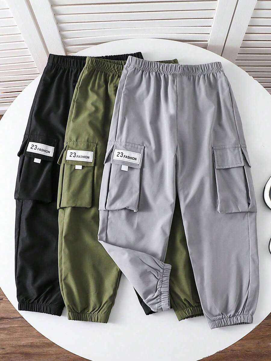 SHEIN 秋冬时尚青少年男孩口袋刺绣贴花多色宽松慢跑裤 - 彩色 - 查看 1