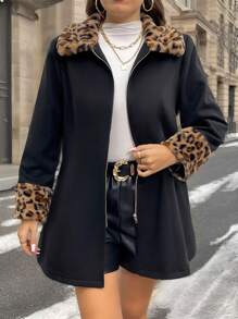 SHEIN Essnce Chaqueta con cremallera negra de vestir informal con parche de estampado de leopardo para mujer talla grande, ropa de mujer de otoño e invierno, abrigos de invierno, conjuntos