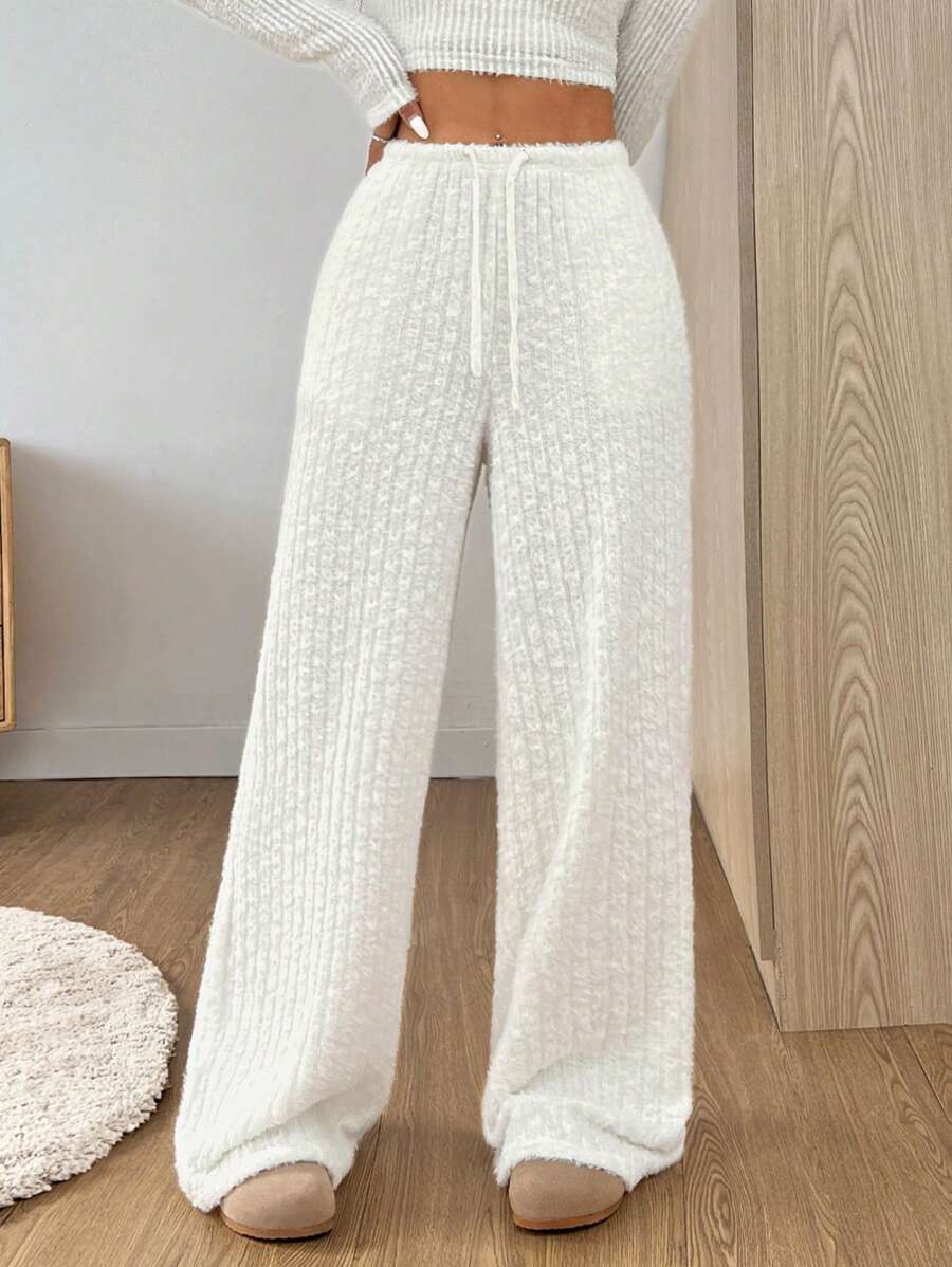 SHEIN EZwear Quần ống rộng màu trơn thường ngày cho nữ, dành cho mùa thu và đông - trắng - Xem 1