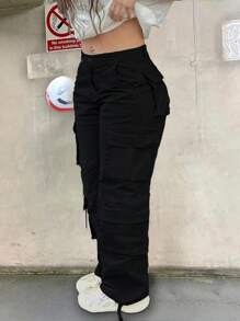 Pantalones cargo rectos, sueltos y casuales de un solo color con múltiples bolsillos para mujer de talla grande - Negro - Ver 4