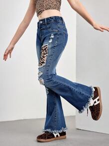 Jeans flare desgastado bordado com estampa de leopardo e lavagem escura para meninas