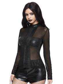 ROMWE Goth Y2K Sexy Minimalist Cross Patch Sheer Mesh Crop Top