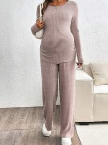 SHEIN Set de 2 piezas de top de manga larga acanalado y pantalón de pierna ancha informales de maternidad, conjunto de pantalones, otoño