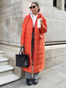 RueChic EXTRA LONG PADDED WINTER ORANGE SPORTY HOODED COAT - Burnt Orange - View 1