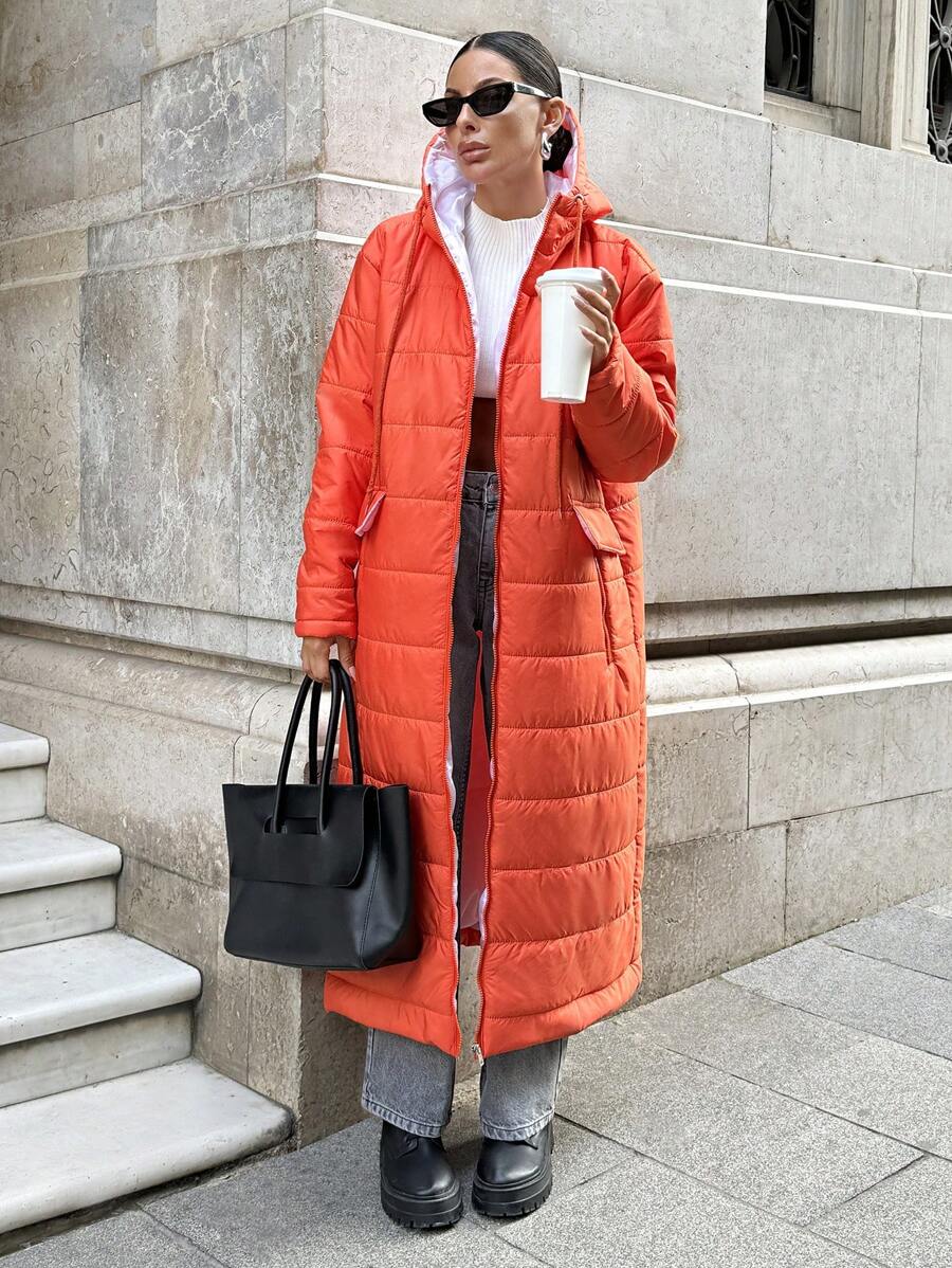RueChic EXTRA LONG PADDED WINTER ORANGE SPORTY HOODED COAT - Burnt Orange - View 1