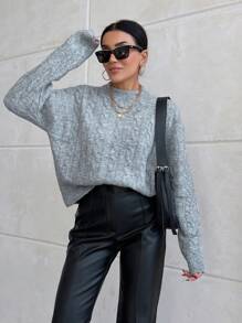 EURMUSE Plain Crew Neck Twist Pattern Casual Pullover Sweater - Grey - View 5