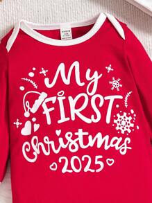 2pcs/Set Baby Boy Christmas Letter Print Color Block Long Sleeve Jumpsuit And Hat Outfits