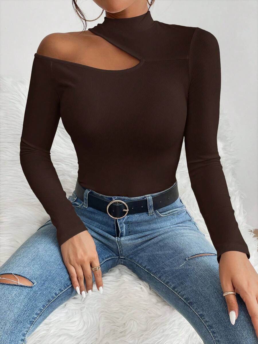 SHEIN PETITE 1 chiếc áo thun ôm vừa vặn không đối xứng màu trơn mùa thu - màu nâu - Xem 1