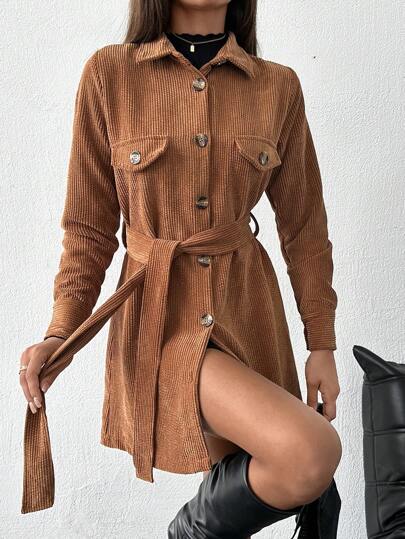 RueChic Women's Corduroy Texture Fabric Flap Pocket Overshirt With Waistband