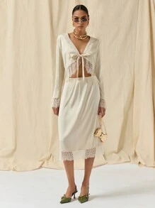 COSMINA Autumn/Winter 2pcs/Set Women Lace Trim Tie Front Long Sleeve Blouse And Skirt Outfit - Apricot - View 3