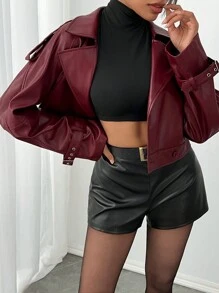 SHEIN SXY Autumn Winter Retro Burgundy PU Leather Jacket, Street Style - Red - View 5
